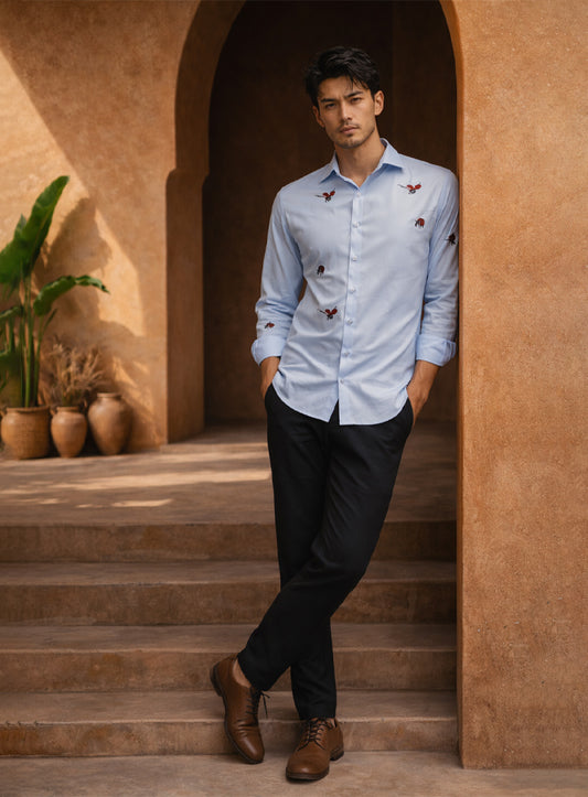 Sky Blue Cotton Satin Party Wear Shirt with Front & Back Tira Embroidery