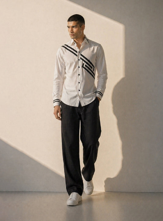 White Cotton Satin Lounge Shirt with Mix and Match Design