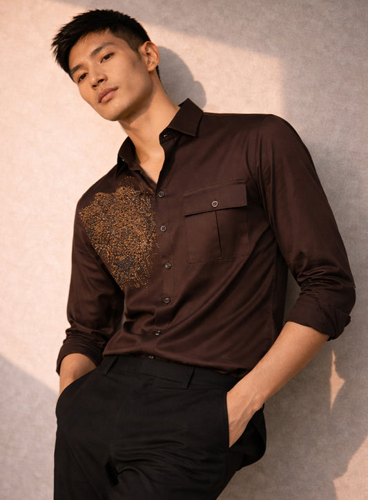 Brown Cotton Satin Party Wear Shirt with Crystal Work
