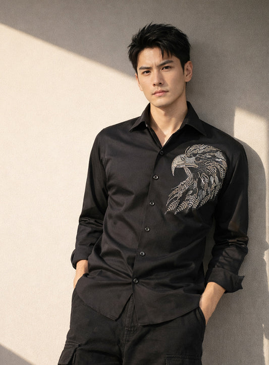 Black Cotton Satin Party Wear Shirt with Eagle Crystal Work