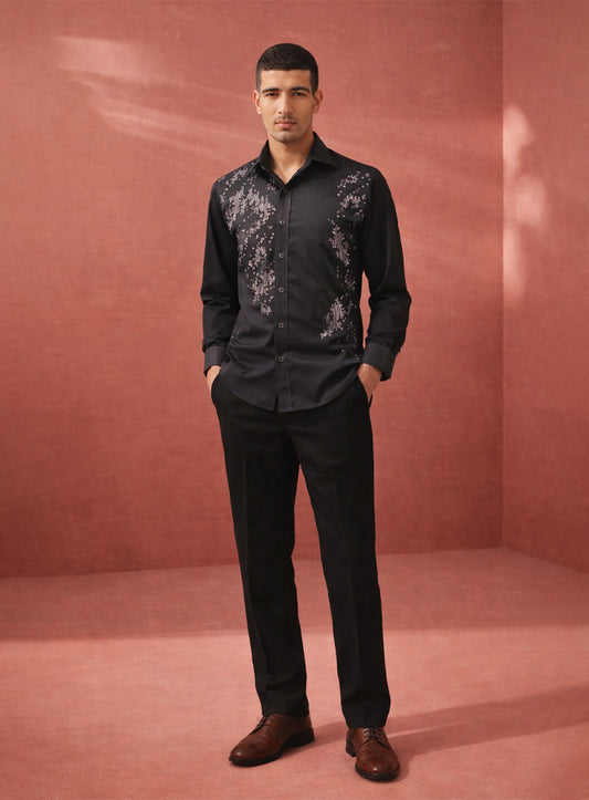 Black Party Wear Shirt in Japanese Fabric with Embroidery