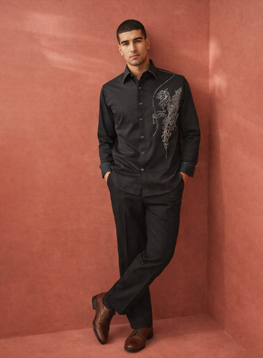 Black Party Wear Shirt in Japanese Fabric with Embroidery