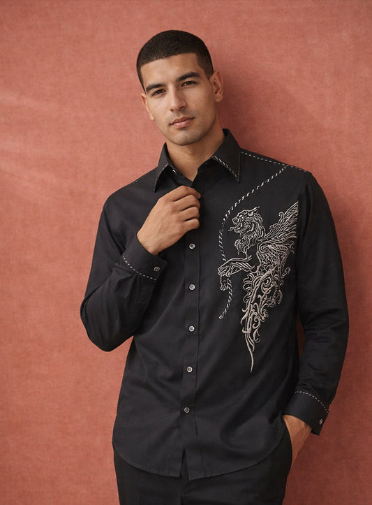 Black Party Wear Shirt in Japanese Fabric with Embroidery