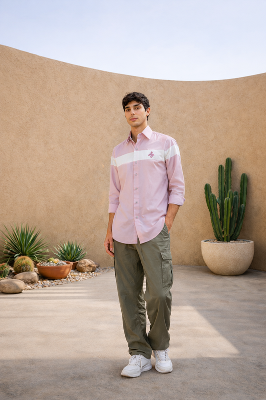 Pink Cotton Satin Party Wear Shirt with Brooch Work & Mix-Match Design
