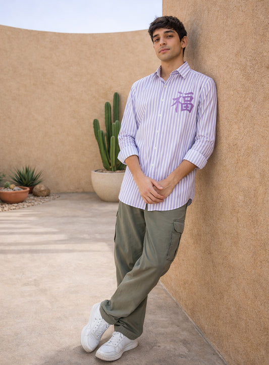 Mauve Stripe Cotton Satin Party Wear Shirt with Motif Embroidery