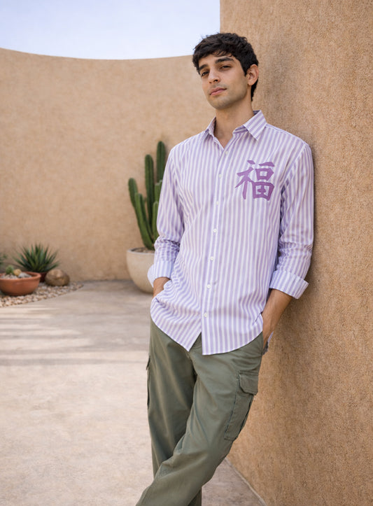 Mauve Stripe Cotton Satin Party Wear Shirt with Motif Embroidery