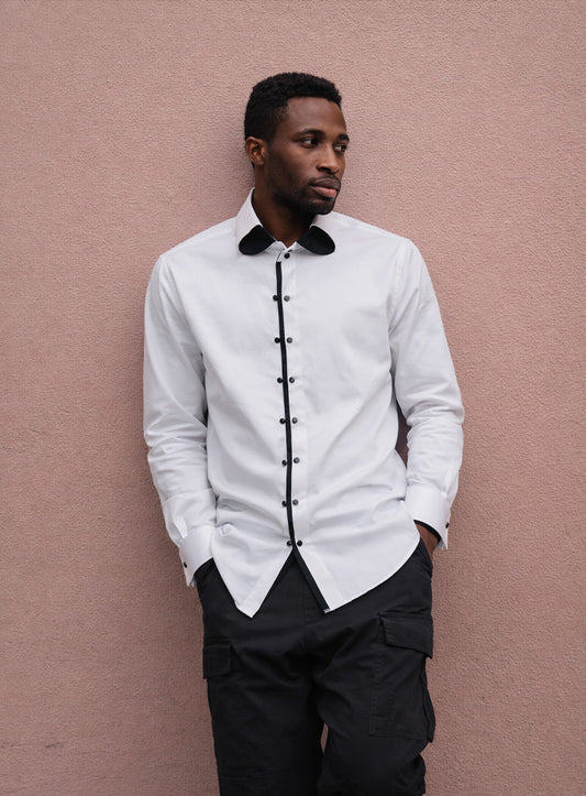 White Cotton Satin Lounge Shirt with Black Mix-Match Design