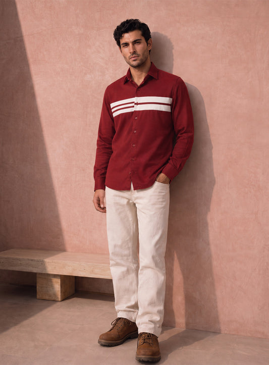 Wine Cotton Satin Lounge Shirt with Mix-Match Design