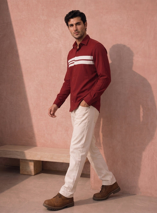 Wine Cotton Satin Lounge Shirt with Mix-Match Design