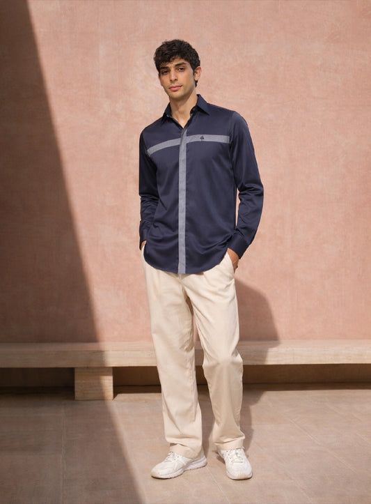Blue Cotton Satin Lounge Shirt with Mix-Match Design Brooch Work on Chest