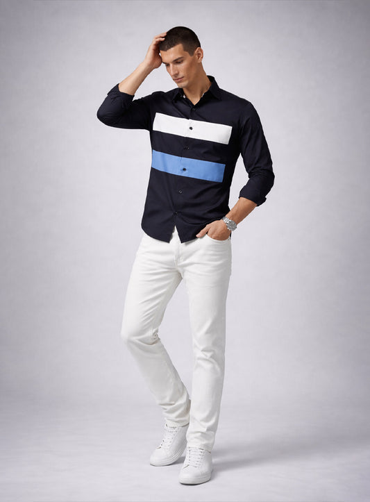 Black Cotton Satin Lounge Shirt with Mix-Match Design