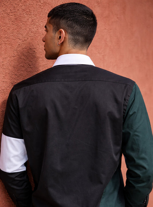 Black Cotton Satin Lounge Shirt with White & Green Mix-Match Design