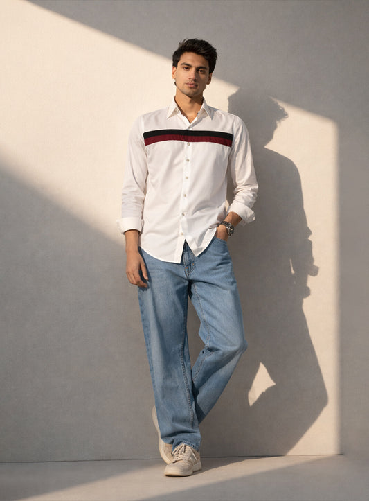 White Cotton Satin Lounge Shirt with Maroon & Black Horizontal Strips