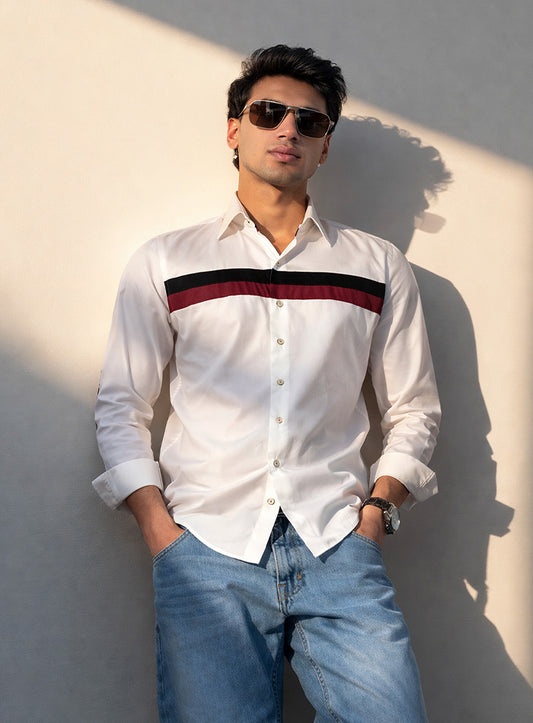 White Cotton Satin Lounge Shirt with Maroon & Black Horizontal Strips