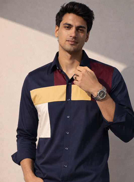 Dark Blue Cotton Satin Lounge Shirt with Mix-Match Design
