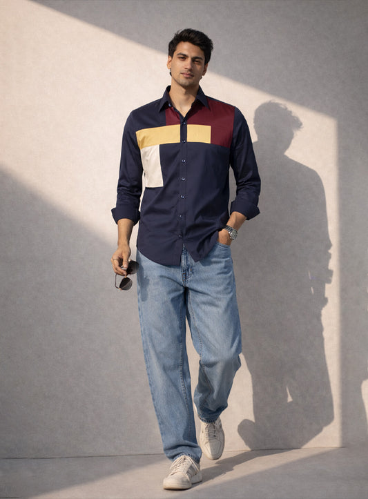 Dark Blue Cotton Satin Lounge Shirt with Mix-Match Design