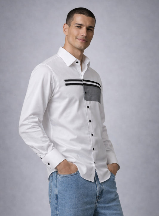 White Cotton Satin Lounge Shirt with Mix-Match Design