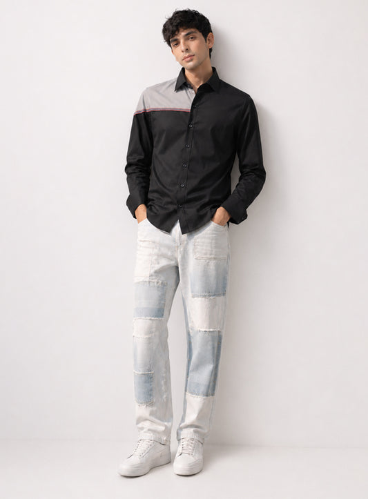 Black Cotton Satin Lounge Shirt with Gray Mix-Match Design