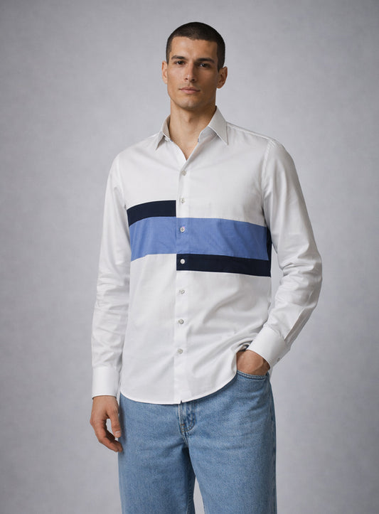 White Cotton Satin Lounge Shirt with Mix-Match Design