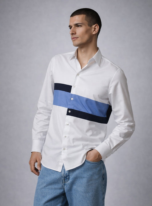 White Cotton Satin Lounge Shirt with Mix-Match Design