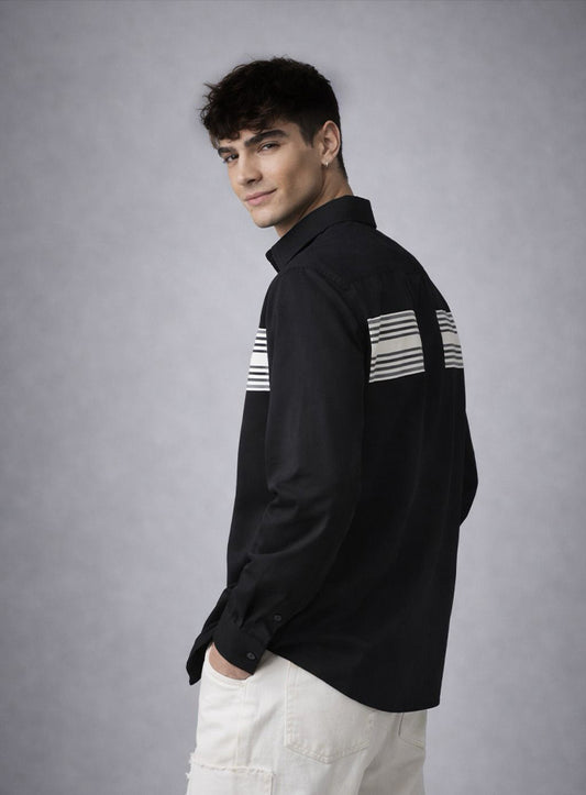 Black Cotton Satin Lounge Shirt with Mix-Match Design