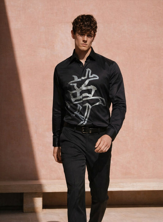 Black Cotton Satin Party Wear Shirt with Front Embroidery