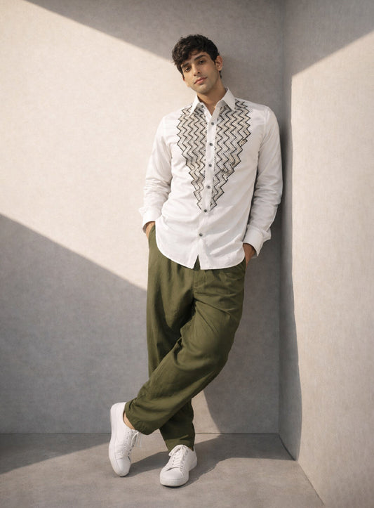 White Cotton Satin Party Wear Shirt with Machine & Hand Embroidery