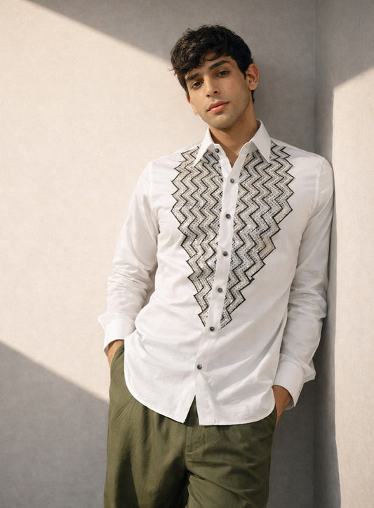 White Cotton Satin Party Wear Shirt with Machine & Hand Embroidery
