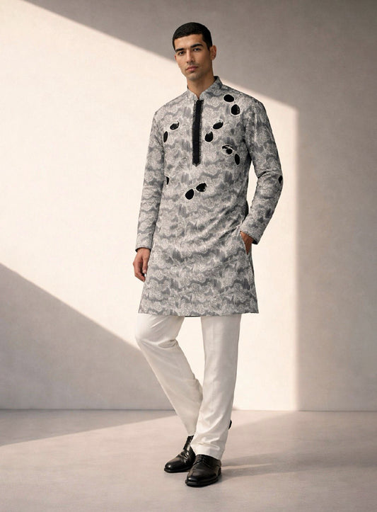 Off White Silk Kurta Pajama Set with Embroidery