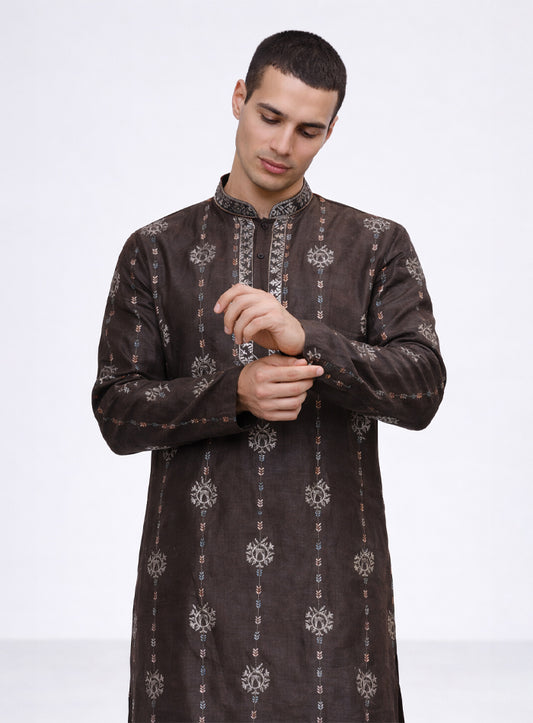 Charcoal Gray Silk Fabric Kurta Pajama Set with Embroidery