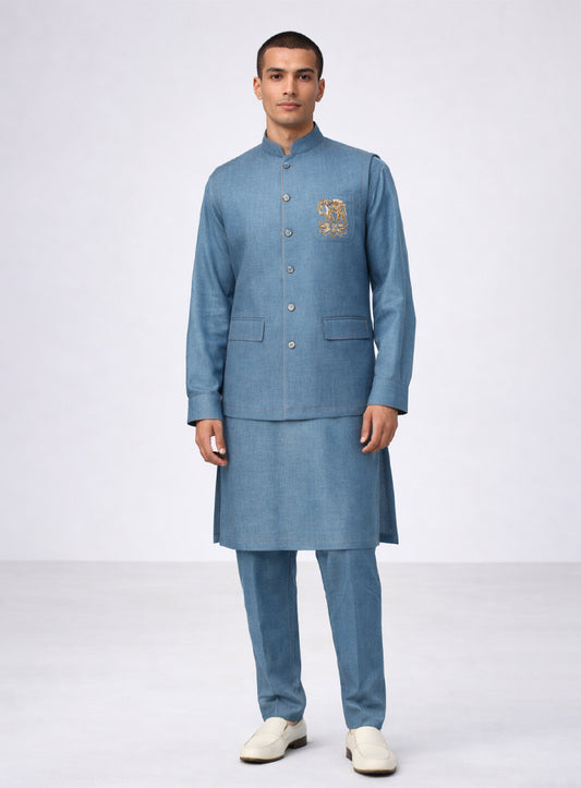 Blue Linen Kurta Pajama Set and Jawahar Jacket with Embroidery
