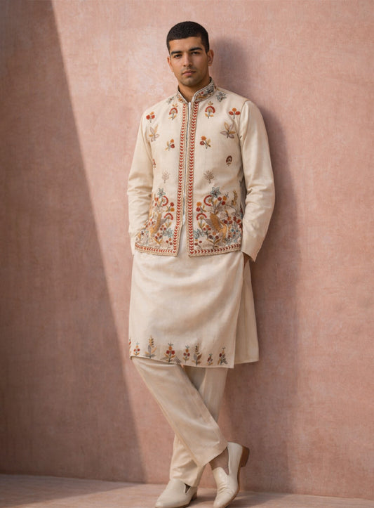 Cream Silk Kurta Pajama Set and Jawahar Jacket with Embroidery