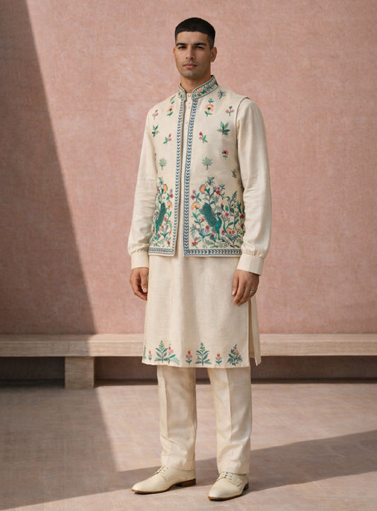 Cream Silk Kurta Pajama Set and Jawahar Jacket with Embroidery