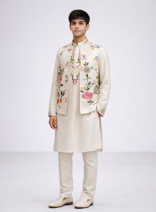 Cream Silk Kurta Pajama Set and Jawahar Jacket with Embroidery