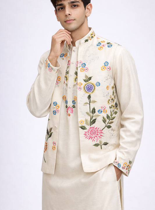 Cream Silk Kurta Pajama Set and Jawahar Jacket with Embroidery