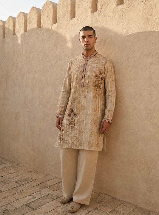 Light Beige Cotton Silk Kurta Pajama Set with Print & Embroidery