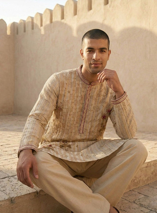 Light Beige Cotton Silk Kurta Pajama Set with Print & Embroidery
