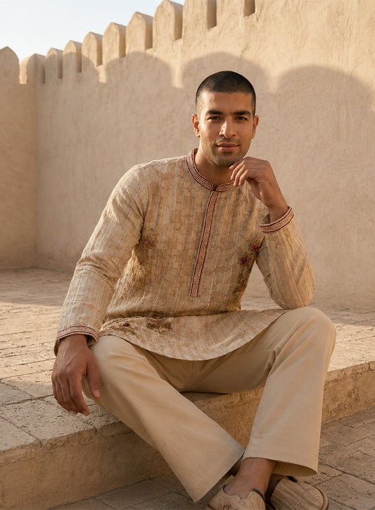 Light Beige Cotton Silk Kurta Pajama Set with Print & Embroidery