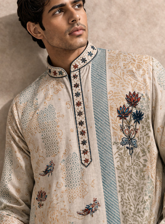 Beige Silk Kurta Pajama Set with Print & Embroidery