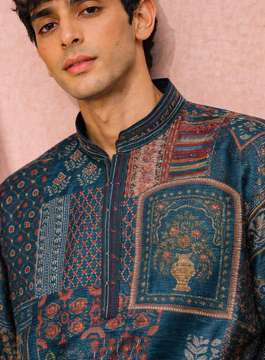 Dark Turquoise Blue Silk Kurta Pajama Set with Print & Embroidery