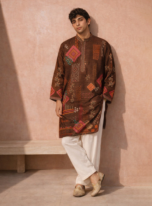 Dark Wine Cotton Silk Kurta Pajama Set with Print & Embroidery
