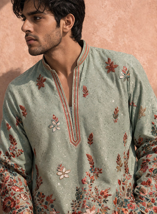 Sky Blue Kurta Pajama Set in Cotton Silk with Embroidery