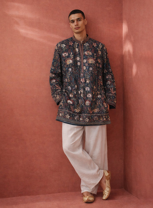 Dark Peacock Blue Silk Kurta Pajama Set with Embroidery