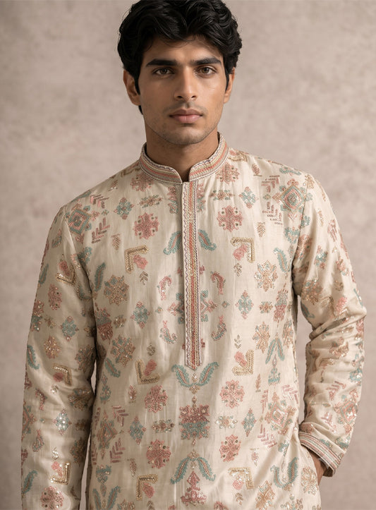Cream Cotton Silk Kurta Pajama Set with Embroidery