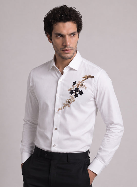 White Cotton Satin Lounge Shirt With Beads Hand Embroidery