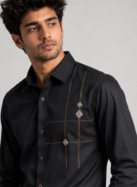 Black Cotton Satin Lounge Shirt With Metallic Hand Embroidery