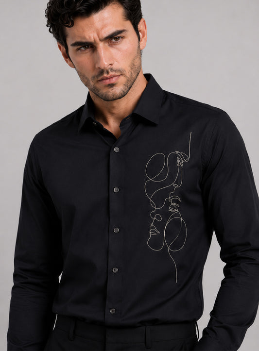 Black Cotton Satin Lounge Shirt With Abstract Thread Hand Embroidery