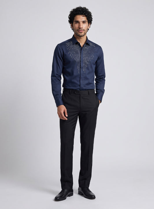 Blue Cotton Satin Lounge Shirt With Sunburst Bead Hand Embroidery