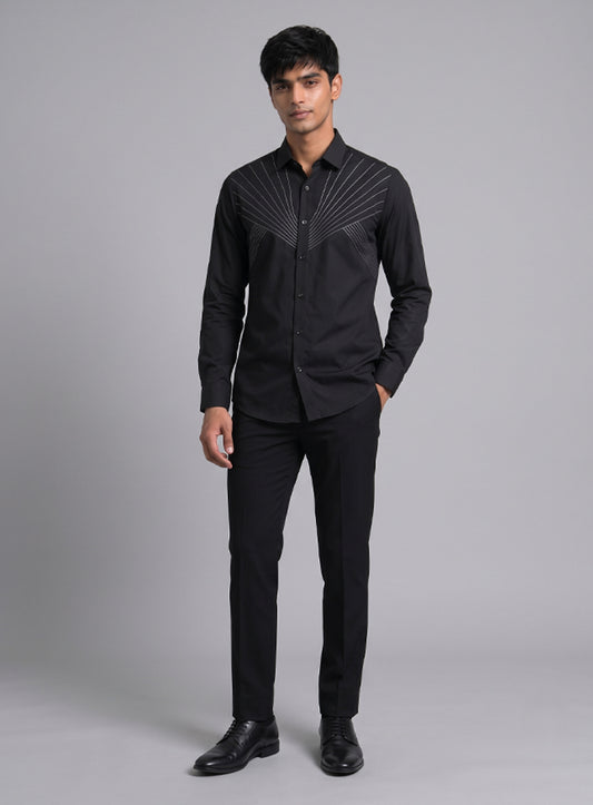 Black Cotton Satin Lounge Shirt With Sculpted Pintex Work