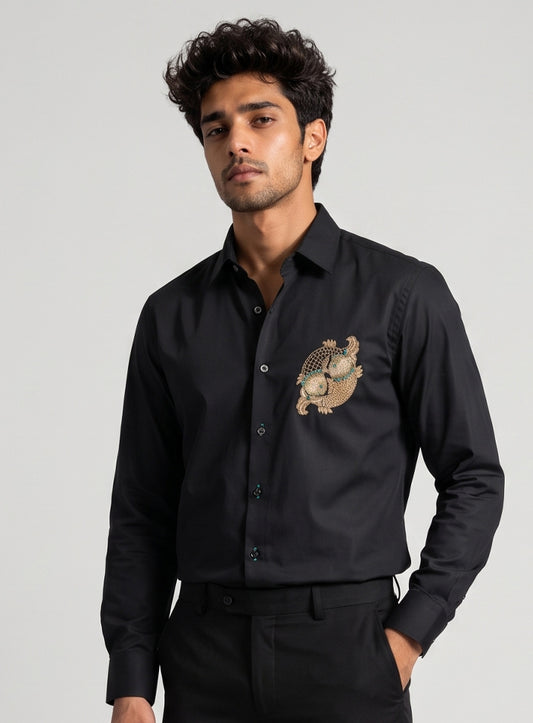 Black Cotton Satin Lounge Shirt With Zardozi & Bead Hand Embroidery